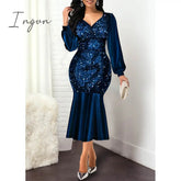 Ingvn - Women Dress Summer Elegant Sexy V Neck Sequine Evening Wedding Party Dress Plus Size High Waist Bodycon Mermaid Dresses 5XL