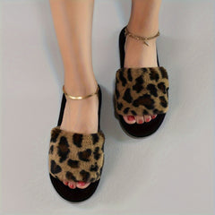 Cozy Leopard Print Plush Slippers for Women - Soft, Warm, Open-Toe, Slip-On Shoes with Fuzzy Fabric Upper and EVA Sole for Indoor Use - All-Season Comfortable Footwear for Relaxation
