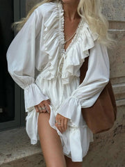 Ingvn Fashion V-neck Ruffles White Short Dress Streetwear Woman Autumn High Waist Bandage Tunics A-line Party Dresses Female