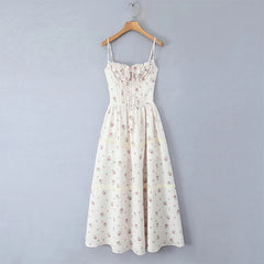 Elegant Women French Style Lace Trim Floral Print Sling Long Dress Sexy Thin Straps A-line Summer Dresses Holiday Robe