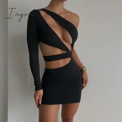 Ingvn - Double Layer Autumn Women Bodycon Dress Party Dress New Arrivals White One Shoulder Cut Out Dress Evening Club Dress