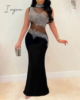 Ingvn - Women Elegant Formal Gown Maxi Dress Female Stylish Long Party Dress Rhinestone Mesh Splicing Evening Dress