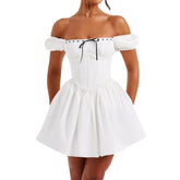 Combhasaki Women's Vintage Off Shoulder Puff Short Sleeve Solid Color/Floral Print Backless Corset A-Line High Waist Party Dress