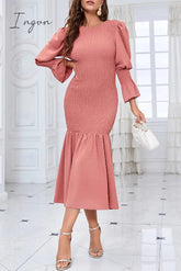 Ingvn - Elegant Solid Fold O Neck Wrapped Skirt Dresses