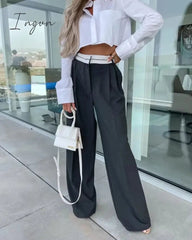 Ingvn - 2023 Women Fashion Side Pockets Patchwork Straight Pants Vintage High Waist Zipper Fly Female Casual Trousers Mujer