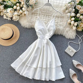 Ingvn - Summer Spring Beach Holiday V-Neck Backless Lace Up Ruffles Cakes Solid Elegant Women Lady A-line High Waist Dress