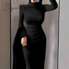 Ingvn - Women Autumn Turtleneck Dress Female Slim Elastic Oversized Basic Bodycon Sweater Dress Ladies Knit Warm Long Party Dresses