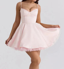 Spaghetti Strap Women Camisole Dress Slim Backless Princess Fluffy Skirt Double Layered Sexy Dress Summer Sweet Vestidos