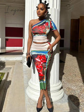 Ingvn - Fashion Print Dress Set Women One Shoulder Crop Top And Midi Skirt Matching Sets Female Bodycon Sexy Two Piece Sets