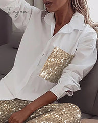 Ingvn - Women Fashion Sequin Two Piece Set Long Sleeve Womens Tops And Blouses Femme Two Piece Outfits Elastic Waist Long Pants Sets