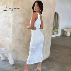 Ingvn - Irregular Sexy Cut Out Midi Dresses Club Party Sleeveless One Shoulder Textured Bodycon Dresses Outfits Vestido