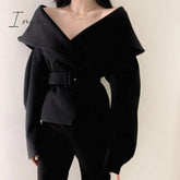 Ingvn - Women Spring Autumn Short Blazer Coat with Belt Big Lapel Collar Female Full Sleeve Cardigan Outerwear
