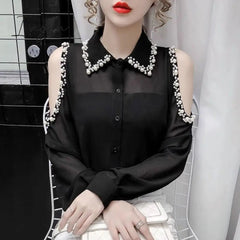 Ingvn - Beading Women's Elegant Blouse Office Outfits Feminine Shirts Off The Shoulder Long Sleeve Top Korean Fashion Designer New