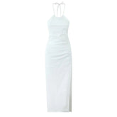 Sexy Backless Side Slits Halter Dress For Women Vintage Ruched Red Evening Party Dresses Cotton Linen Midi Robe White