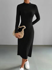 Chic Ribbed Black Midi Dress - Comfortable Mock Neck & Long Sleeves - Perfect for Any Occasion