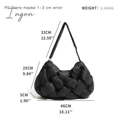 Ingvn - Black Woven Design Padded Shoulder Hobo Bag Cotton Down Crossbody Puffer Purse Big Women Winter Sling Handbag
