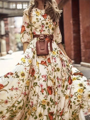Charming Floral Print A-line Dress - Stylish & Elegant Crew Neck Design with Half Sleeves - Perfect for Spring & Summer - Comfortable Womens Clothing for Versatile Wear