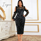 Ingvn - Vintage Black Sequin Dress Women Bare Shoulder Lace Long Sleeve Glitter Prom Dress Luxury Bling Bling Evening Party Gowns Winter