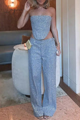 Ingvn - Elegant Solid Sequins Zipper Strapless Sleeveless Two Pieces