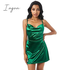 Ingvn - Women's Sexy Satin Dress Spaghetti Strap Slips Nightwear Side Slit Cocktail Party Silk Mini Dresses