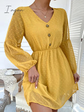 Ingvn - V-Neck Balloon Sleeve Swiss Dot Mini Dress