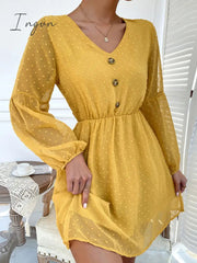 Ingvn - V-Neck Balloon Sleeve Swiss Dot Mini Dress