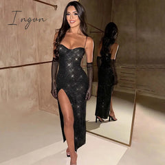 Ingvn - Sparkle Sexy Maxi Dress Women New Spaghetti Strap With Sleeve Backless Sleeveless Glitter Club Party Sexy Long Dress