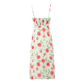 Sexy Elegant Women O Neck Thin Straps Floral Print Dress Vintage High Waist A-line Midi Holiday Summer Dresses Party Robe