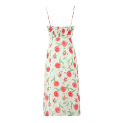 Sexy Elegant Women O Neck Thin Straps Floral Print Dress Vintage High Waist A-line Midi Holiday Summer Dresses Party Robe