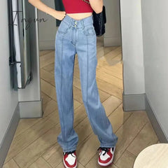Ingvn - Vintage Jeans for Women 2023 New High Waisted Korean Fashion 2 Button Slim Straight Jeans Streetwear Chic Casual Jeans