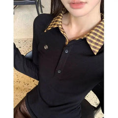 Polo Neck Plaid Patchwork Embroidery T Shirts Spring Autumn Fake Two-piece Slim High Street Tops Fashion Casual Women Clothing