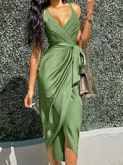 Ingvn - Office Elegant V Neck Strap Long Dress Women Sexy Sleeveless Irregular Party Dress Fashion Tie-up Wrap Solid Satin Maxi Dresses