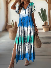 Tie Dye V-neck Dress, Elegant Split Short Sleeve Dress For Spring & Summer, Women's Clothing
