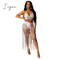 Ingvn - Sexy Crochet Tassel Two Piece Skirt Set Beach Dress Suit Summer Outfit Womens 2 Piece Matching Sets