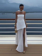 2025 Summer Women Fashion Strapless Dress With Ribbon Patchwork Elegant Sleeveless Mesh Split Dress Vacation Beach Long Dresses