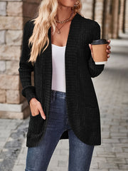Solid Color Open Front Cardigan, Versatile Long Sleeve Pockets Cardigan For Spring & Fall, Women's Clothing