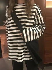 Vibrant Striped Print Relaxed Fit Crew Neck T-Shirt - Women's Casual Drop Shoulder Long Sleeve Tee for Spring & Fall - Soft, Breathable, and Stylish Clothing for Everyday Wear