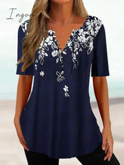 Ingvn - Women's T shirt Tee Black White Navy Blue Floral Button Print Short Sleeve Holiday Weekend Tunic Basic Round Neck Regular Floral Painting S