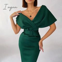 Ingvn - Autumn Elegant Dress Fashion Off shoulder V-neck High Waist Belt Slim Party Evening Dress Women