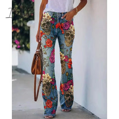 Ingvn - Women's Flared Pants Bell Bottom Pants Trousers Faux Denim Blue Red & White Purple Fashion Halloween Weekend Side Pockets Print Micro-elastic Full Length Comfort Skull S M L XL XXL