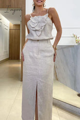 Ingvn - Elegant Simplicity Solid Appliques Slit Sleeveless Two Pieces