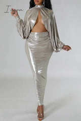 Ingvn - Sexy Street Solid Patchwork Fold O Neck Long Sleeve Two Pieces
