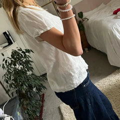 y2k Shirt Top Women Fairycore Clothes White V Neck Short Sleeve Button Down Pleated Blouse 2000s Aesthetic Clothing