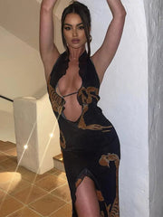 Elegant Halter Backless Print Maxi Dress Women New Fashion Lace-up Sleeveless Bodycon Printed Sexy Party Long Dress