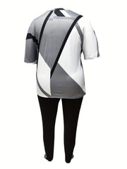 Plus Size Casual Outfits Set, Women's Plus Colorblock Geometric Print Long Sleeve Round Neck Top & Pants With Pockets Outfits 2 Piece Set