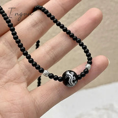 Harajuku Dragon Pattern Black Onyx Beads Necklace for Women Men Vintage Trend Y2K Egirl Black Agate Beaded Choker On The Neck