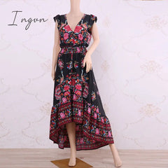 Ingvn - 2023 New Women Summer Boho Beach Maxi Dress Sexy V Neck Vintage Print Long Dresses Casual Sundress Dress
