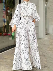 Ingvn - Summer European and American Women's Dress Elegant Waist Tie up Long Sleeve Hanging Neck Pants Print Jumpsuits
