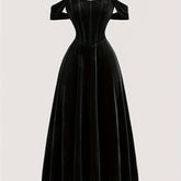 Elegant Off-Shoulder Knit Dress, 95% Polyester 5% Spandex, Solid Color Long Length Fit and Flare Gown with Tie Back Details for All Seasons