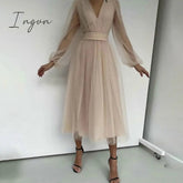 Ingvn - Deep V-Neck Women Mesh Dress Party Summer Long Puff Sleeve Pink Zipper A-Line Thin Waist Translucent Young Girls Clothes